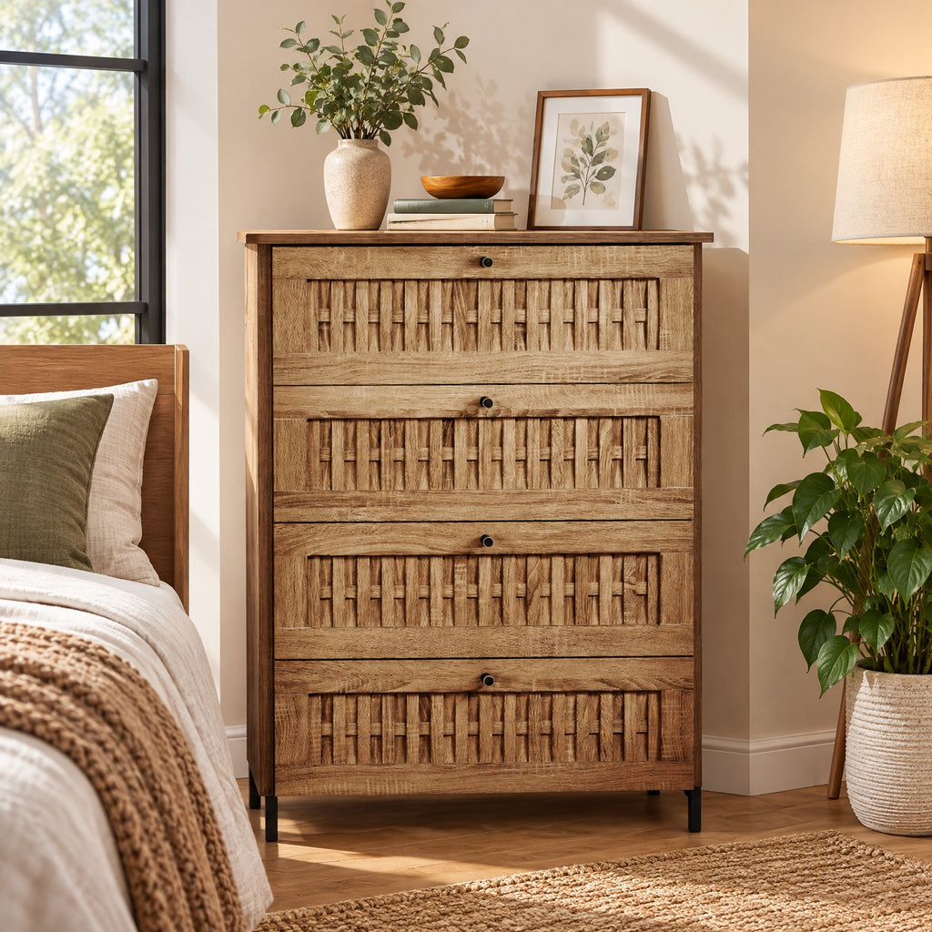Airfind 4-Drawer Dresser with Interlocking Mechanism and Metal Legs for Bedroom, 155 lbs Capacity, Engineered Wood Metal Frame, Caramel Oak + Black