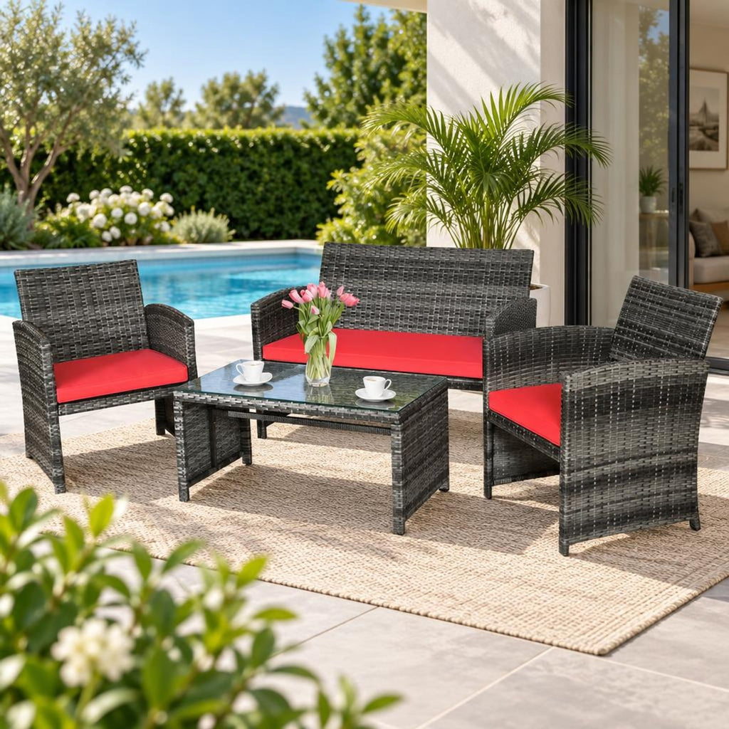 Airfind 4 Pieces Patio Rattan Furniture Set with Cushions, PE Rattan Polyester Fiber Steel Sponge Single Sofa Frame, Red