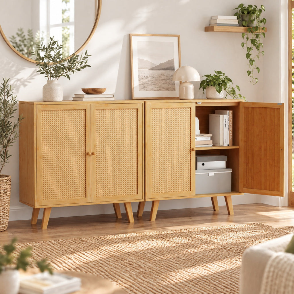 Airfind Bamboo Buffet Storage Cabinet with PE Rattan Doors and Freestanding Kitchen Cupboard, 110 lbs Capacity, Bamboo PE Rattan Frame, Natural