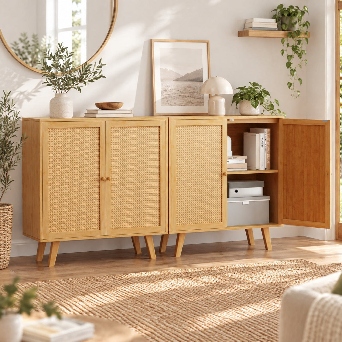Airfind Bamboo Buffet Storage Cabinet with PE Rattan Doors and Freestanding Kitchen Cupboard, 110 lbs Capacity, Bamboo PE Rattan Frame, Natural