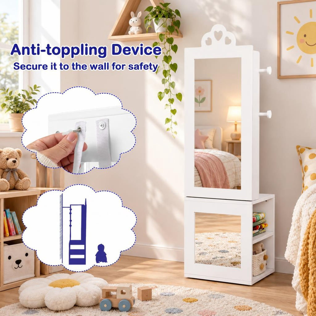 Airfind 3-in-1 Freestanding Kids Jewelry Cabinet Armoire with Full Length Mirror, MDF Frame, 13.5 x 12 x 46 Footprint, White