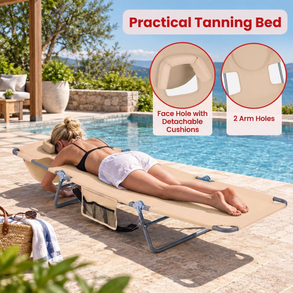 Airfind Folding Beach Lounge Chair with Adjustable Backrest for Lawn, 330 lbs Capacity, Metal Oxford Fabric Polyester Sponge Frame, Beige