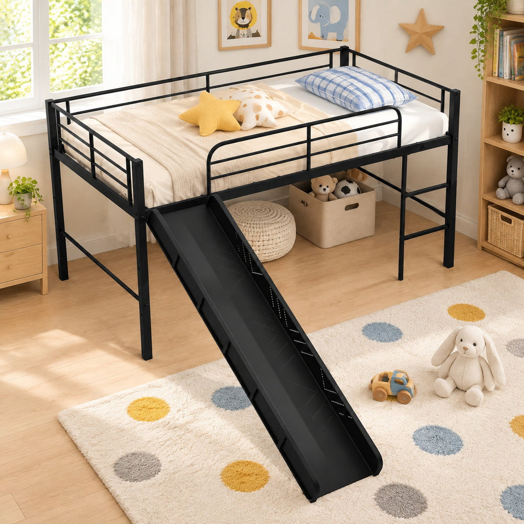 Airfind Twin Metal Loft Bed with Slide Safety Guardrails and Built-in Ladder, 330 lbs Capacity, Steel Frame, 78 x 98 x 43 Footprint, Black