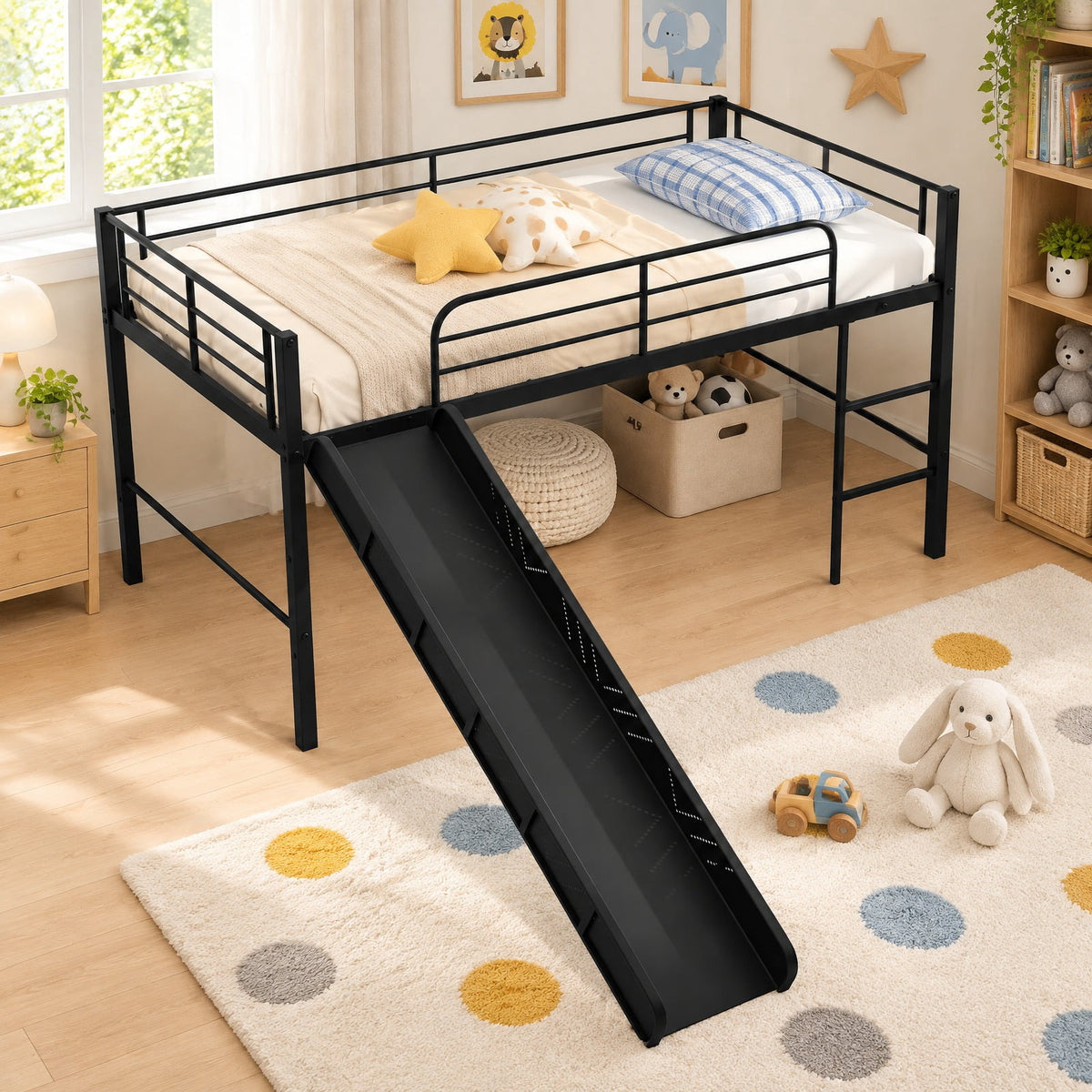 Airfind Twin Metal Loft Bed with Slide Safety Guardrails and Built-in Ladder, 330 lbs Capacity, Steel Frame, 78 x 98 x 43 Footprint, Black