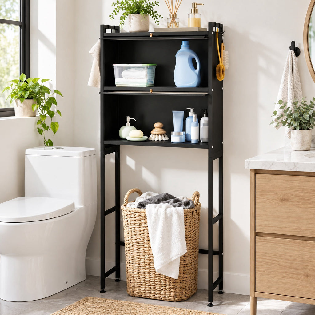 Airfind Over-the-toilet Cabinet Bathroom Organizer with 2 Flip-up Cabinets, 33 Lbs Capacity, Carbon Steel PC Plastic, Black