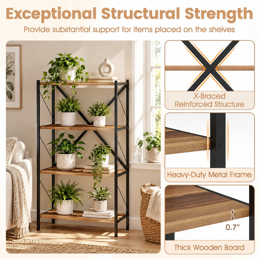 Airfind 4-Tier Bookshelf with Heavy-Duty Metal Frame, 5.5 lbs Capacity, Metal Engineered Wood Frame, Walnut