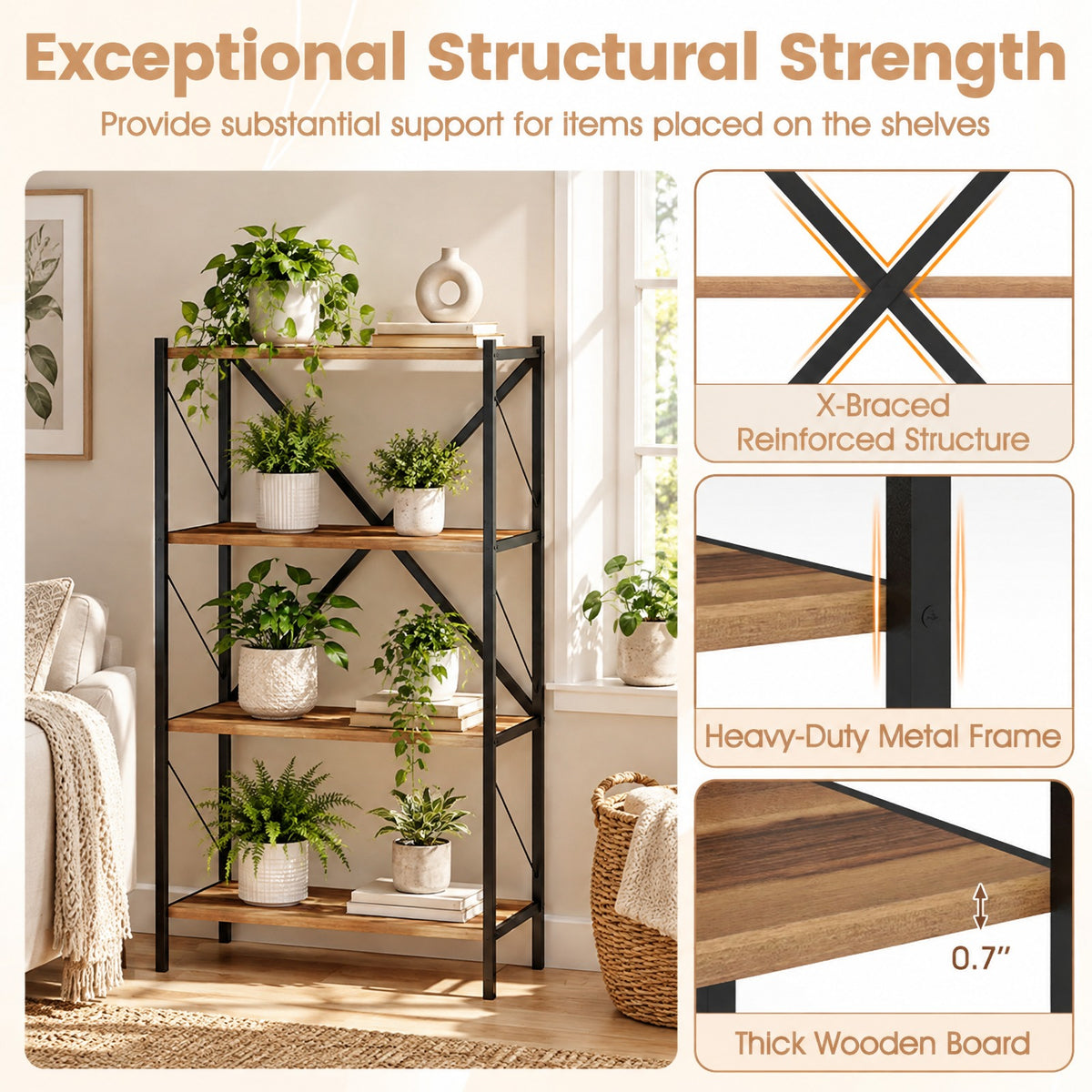 Airfind 4-Tier Bookshelf with Heavy-Duty Metal Frame, 5.5 lbs Capacity, Metal Engineered Wood Frame, Walnut