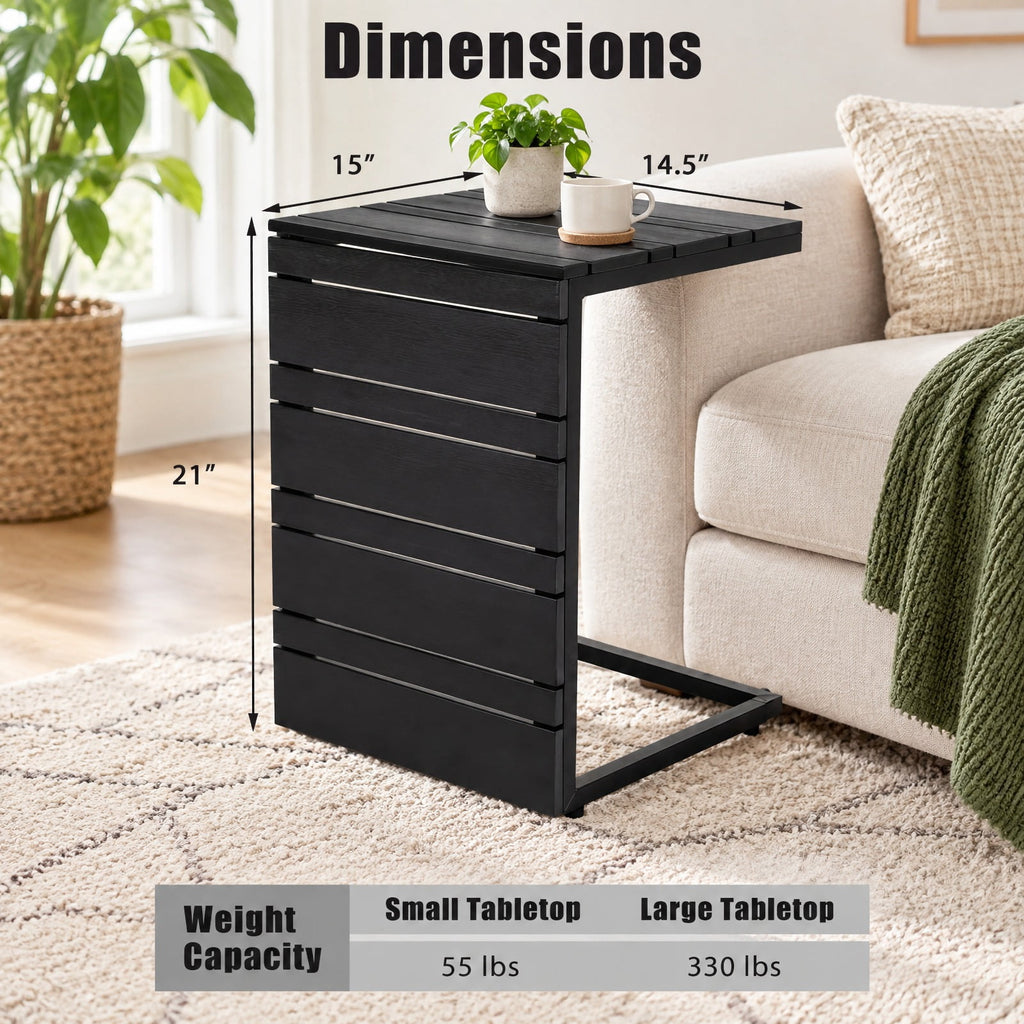 Airfind Space-Saving C-Shaped Side Table with Wood-Plastic Top for Indoor Outdoor, 55 lbs Capacity, Metal PP Frame, 15 x 14.5 x 21 Footprint