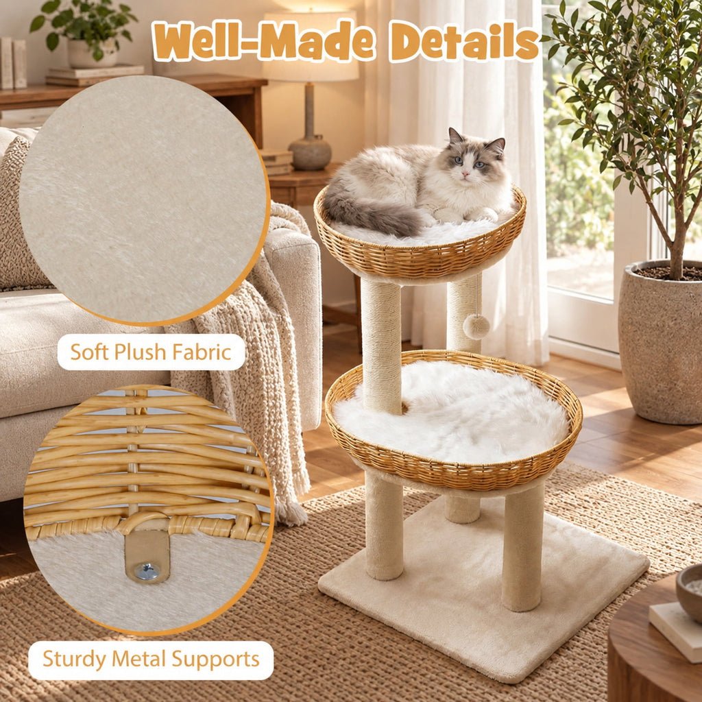 Airfind 30-Inch Cat Tower with 2 Rattan Cat Baskets for Indoor Kittens, 33 lbs Capacity, Engineered Wood Metal Sisal PE Rattan Fabric Frame, Beige