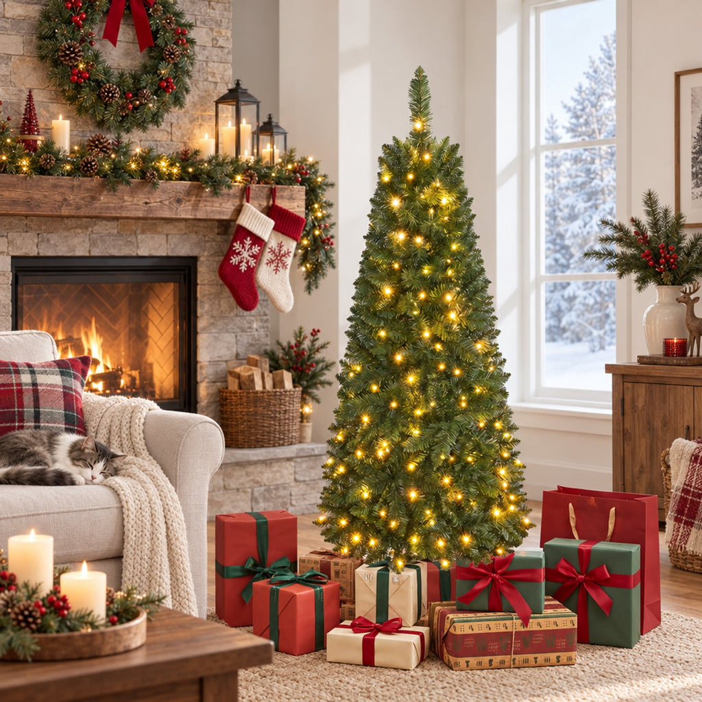 Airfind 4.5 Ft Pre-lit Artificial Christmas Tree, Slim Pencil Fir Tree featuring 150 Warm LED Lights, Hinged Branches and Folding Metal Stand, Green