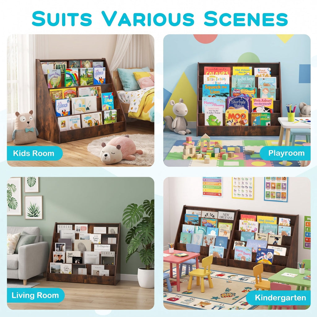 Airfind 5-Tier Kids Bookshelf with Deep Compartments and Stable Baby Book Case, Engineered Wood Frame, for 3+, 36 x 15 x 30 Footprint, Brown