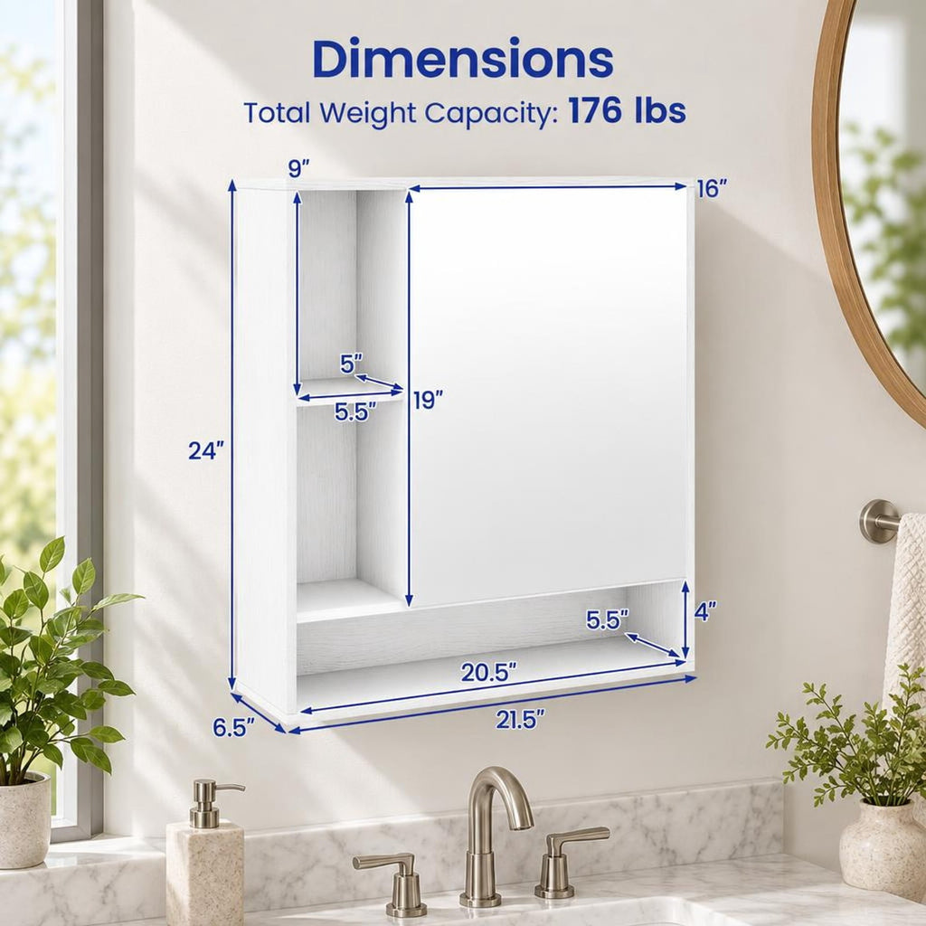 Airfind Wall Mounted Bathroom Cabinet with Mirror Single Door, 176 lbs Capacity, Glass MDF Engineered Wood Frame, 21.5 Inch x 6.5 Inch x 24 Inch Footprint