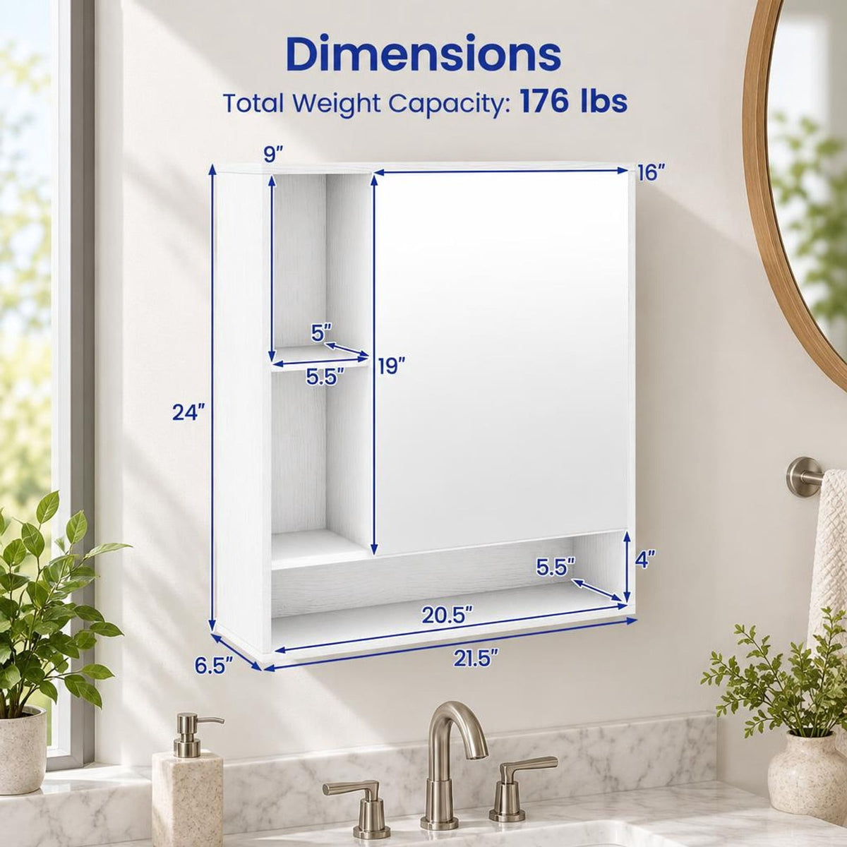 Airfind Wall Mounted Bathroom Cabinet with Mirror Single Door, 176 lbs Capacity, Glass MDF Engineered Wood Frame, 21.5 Inch x 6.5 Inch x 24 Inch Footprint