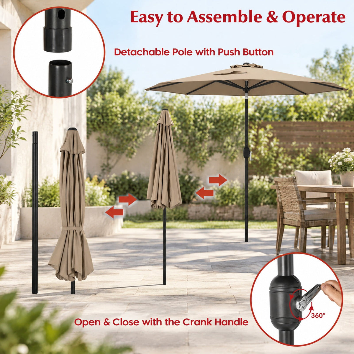 Airfind 9 ft Outdoor Market Patio Table Umbrella Push Button Tilt Crank Lift, Iron Polyester Fabric Frame, Tan