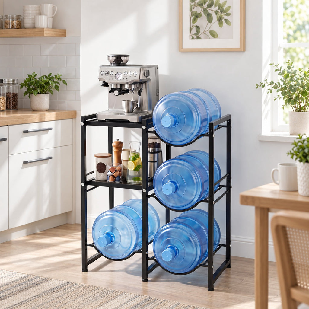 Airfind 3-Tier 5 Gallon Water Jug Holder with Shelves, 45 lbs Capacity, Carbon Steel Frame, Black, 4 bottle slots for 5-gallon water bottles