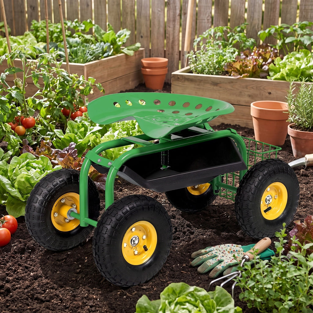 Airfind Red/Green Garden Cart Rolling Work Seat With Heavy Duty Tool Tray Gardening Planting, 33 x 16 x 22 Footprint, Green