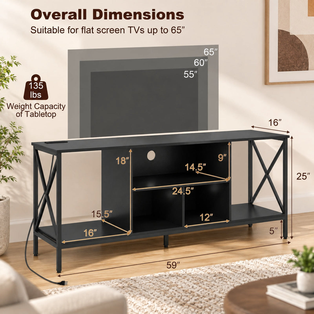 Airfind TV Stand with LED Lights for 65 Inch TV Entertainment Center with Power Outlets, 132 lbs Capacity, Metal Engineered Wood MDF Frame, Black