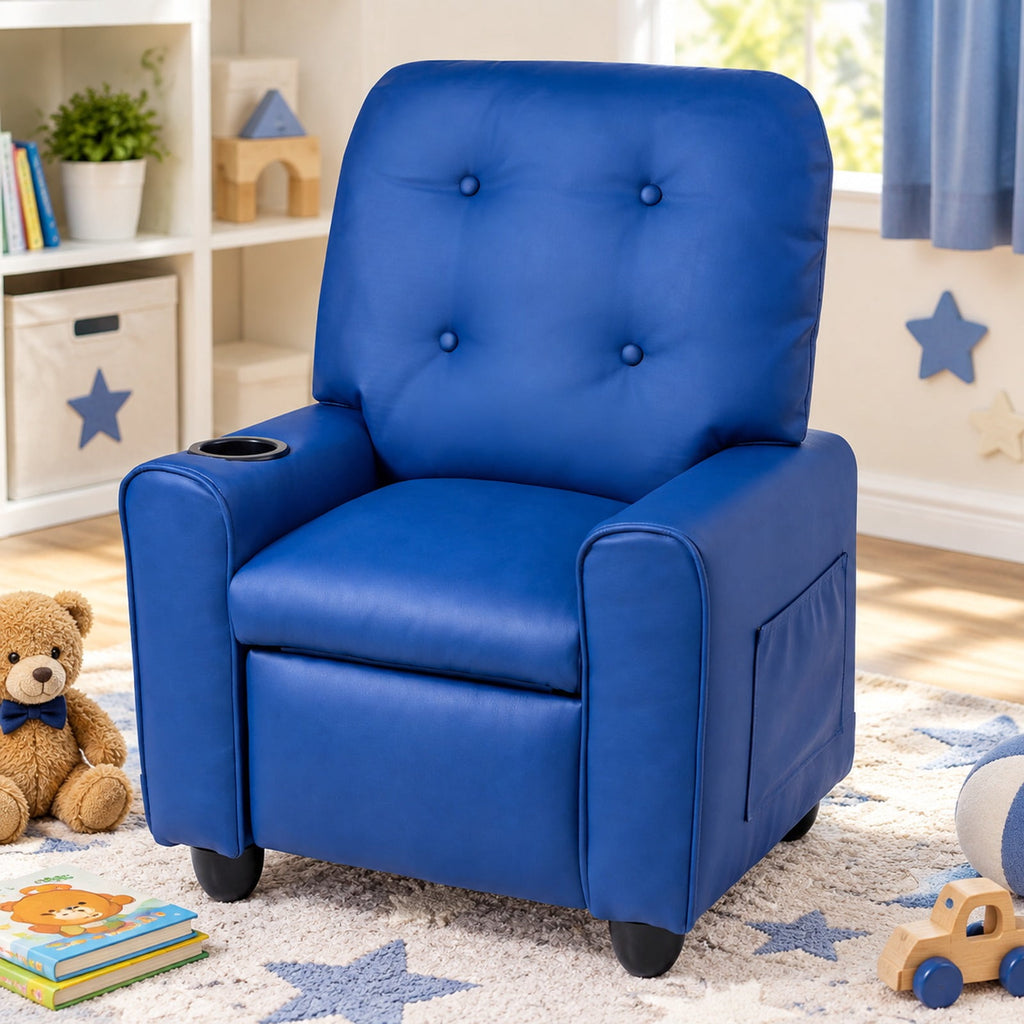 Airfind Youth Recliner Chair with Cup Holder, Side Pocket and Push-back Footrest, PU Upholstery, 24 x 21 x 30 in for Everyday Use, Blue