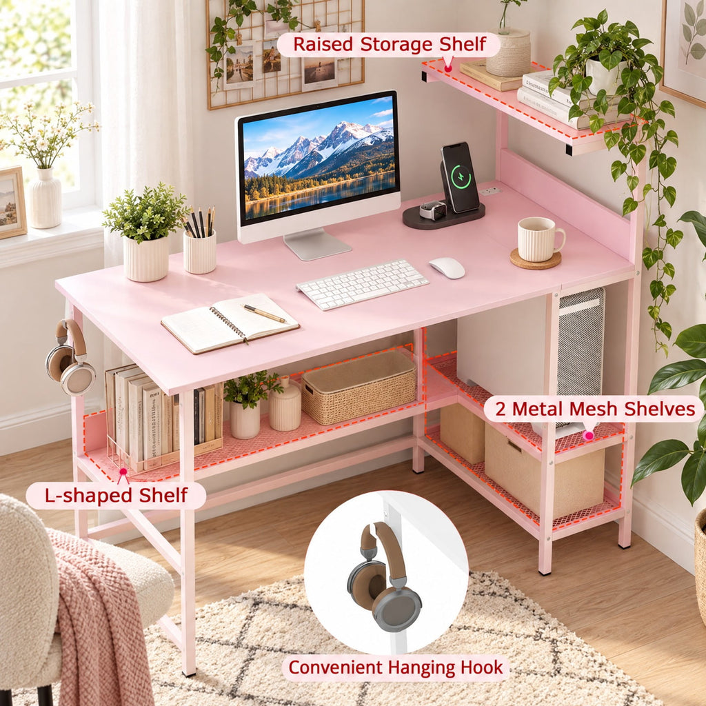 Airfind 48 Inch Computer Desk with Power Outlets and Storage Shelves, 88 lbs Capacity, Engineered Wood Metal Frame, 48 Inch x 23 Inch x 43.5 Inch Footprint