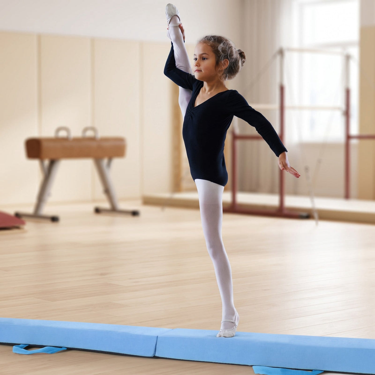 Airfind 7 FT Folding Balance Beam with Removable Suede Cover and Non-slip Bottom for Kids Home Gymnastics Practice, Blue