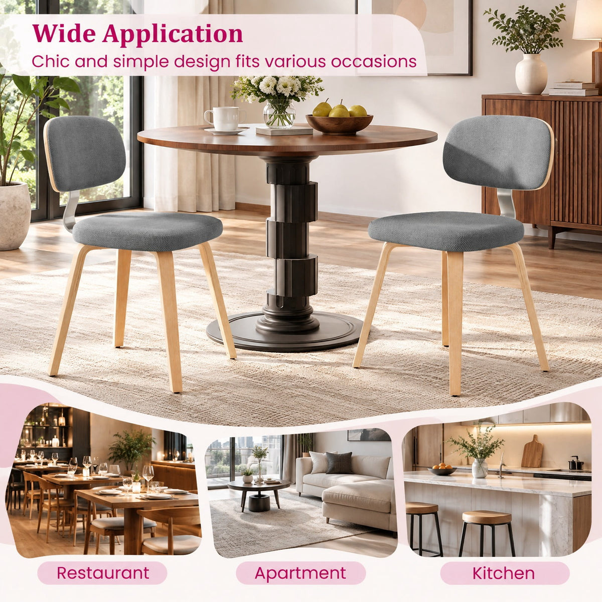 Airfind Chenille Fabric Upholstered Wooden Kitchen Chairs Set of 4, Chenille Sponge Bentwood Metal Frame, 330 lbs Capacity, Gray
