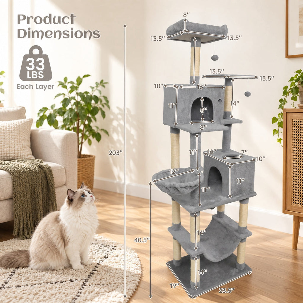 Airfind 80 Inches Tall Cat Tree with 2 Large Condos and Dangling Toys, 33 lbs Capacity, Engineered Board Sisal Plush Fabric Sponge Frame, Light Gray