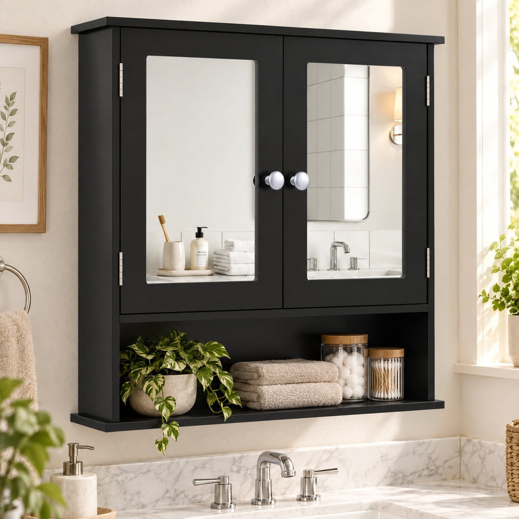 Airfind Double Door Wall-Mounted Bathroom Mirror Cabinet with Storage Shelf, 44 lbs Capacity, Engineered Wood Frame, 20in x 3.5in x 16in Footprint
