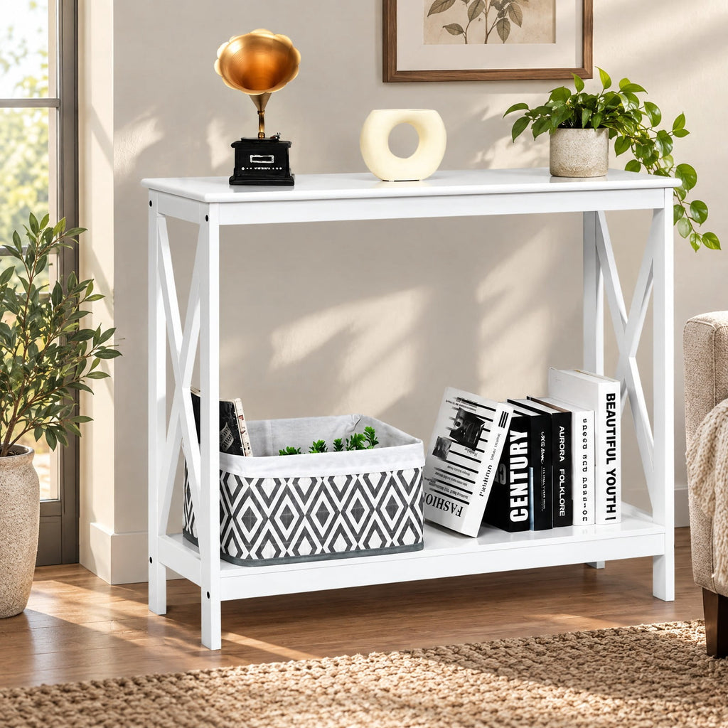 Airfind 2-Tier Console X-Design Sofa Side Accent Table, 66 lbs Capacity, P2 MDF Frame, 39.5 x 12 x 31.5 Footprint, White