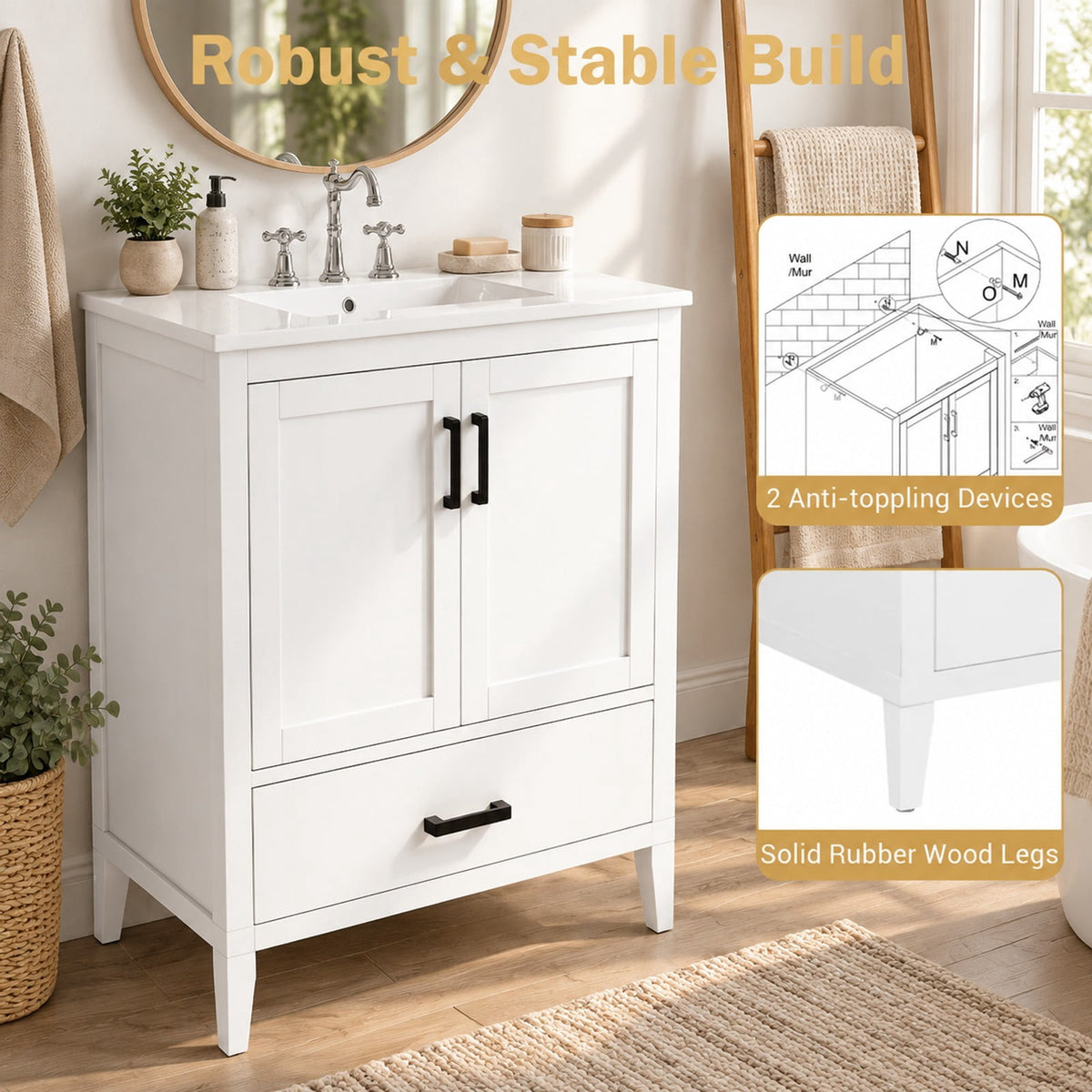 Airfind 24.5 Modern Bathroom Vanity with Sink 2 Doors and Drawer, 24.5 x 18.5 x 34Sink Footprint, White