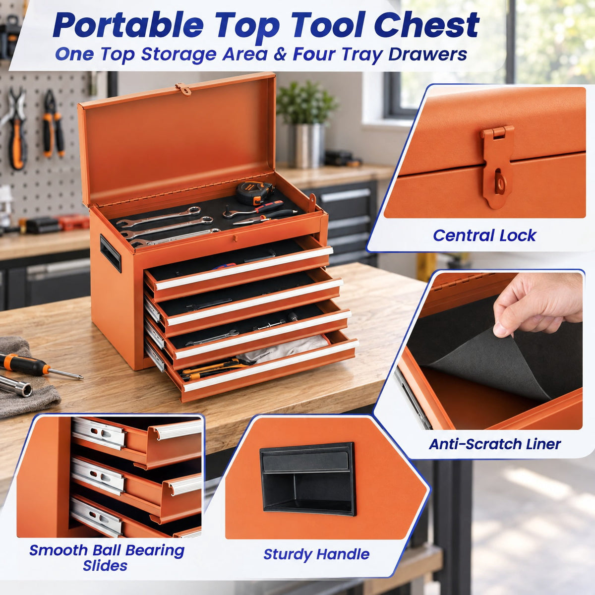 Airfind 2-in-1 Rolling Tool Chest with 5 Sliding Lockable Drawers, 220.5 lbs Capacity, Steel rubber-plastic synthetic Frame, Orange