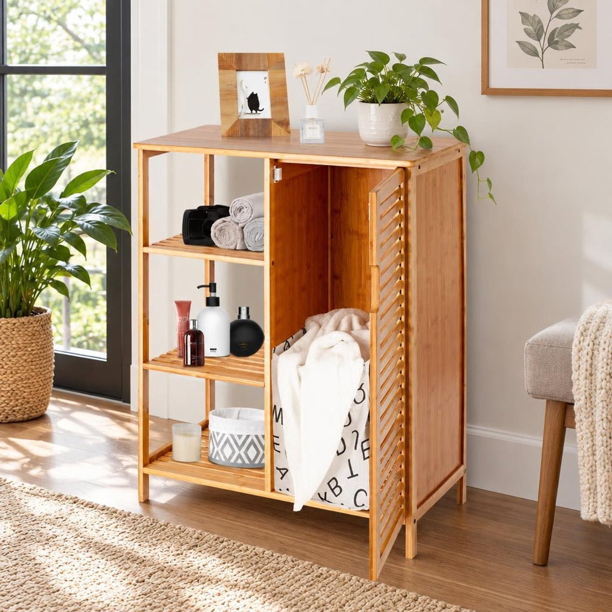 Airfind Bamboo Bathroom Storage Cabinet with Single Door, 30 lbs Capacity, Bamboo MDF Frame, 26in x 13in x 34.5in Footprint, Natural