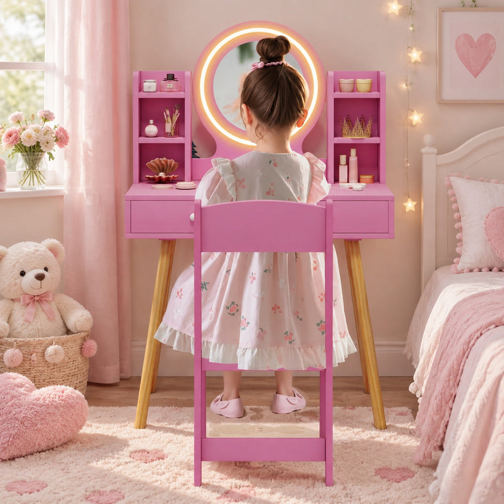 Airfind Youth Vanity Set featuring Lighted Mirror and Storage Drawers, 110 lbs Capacity, Engineered Wood Frame, for 3+ Years Old, Pink