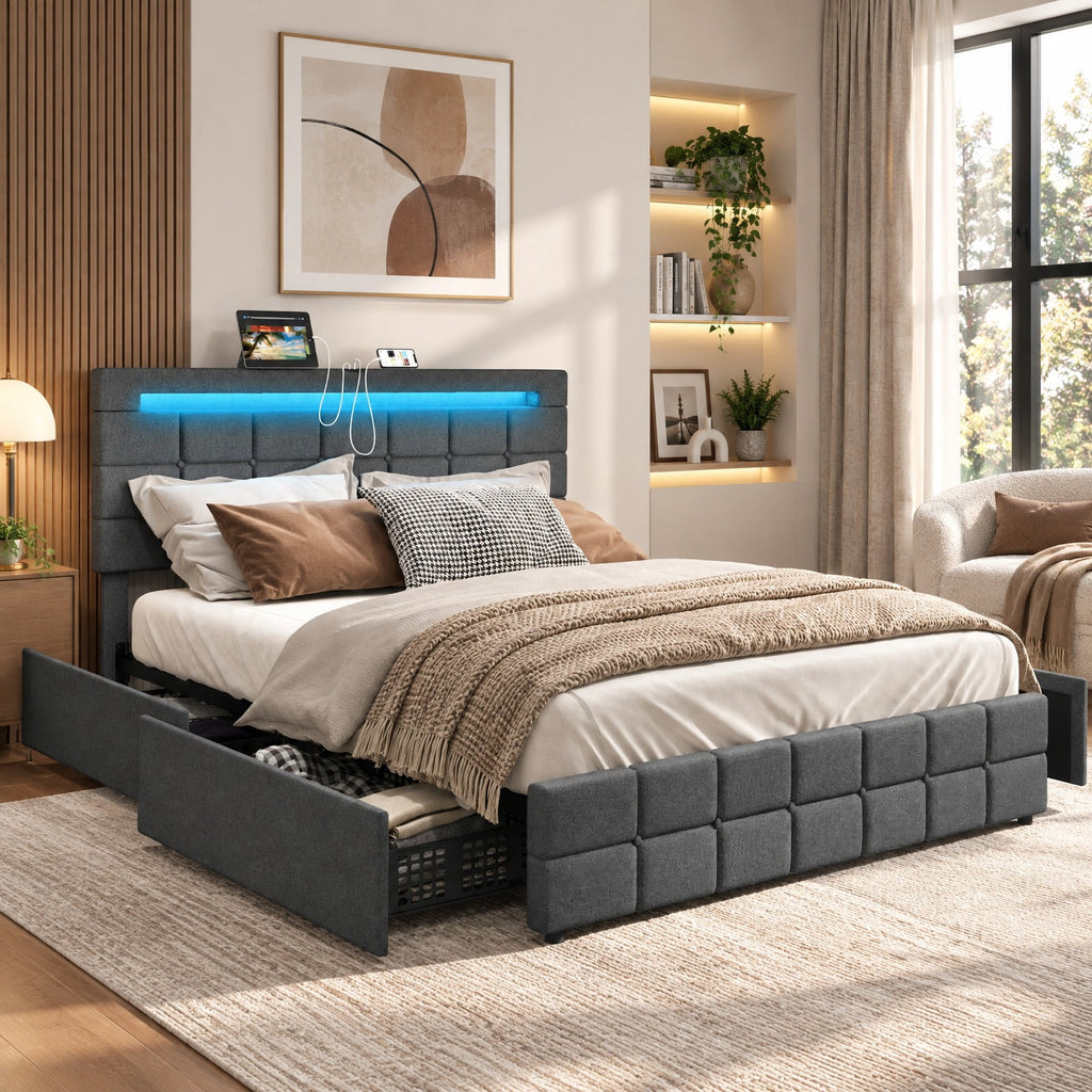 Airfind Upholstered LED Bed Frame with Headboard and 4 Drawers, 880 lbs Capacity, 78 x 43.5 x 40.5-42.5(L x W x H) Drawer Footprint, Gray
