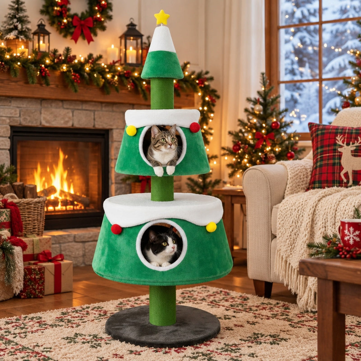 Airfind Christmas Cat Tree for Indoor Cats Cute Holiday Cat Tower with 2 Condos, 33 lbs Capacity, Green