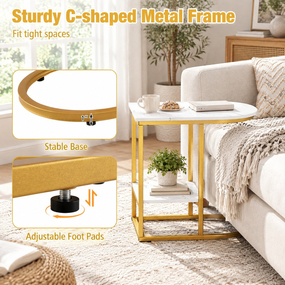 Airfind C-shaped Modern Sofa Side Table with Faux Marble Tabletop and Storage Shelf, 66 lbs Capacity, Engineered Wood Metal Frame, White