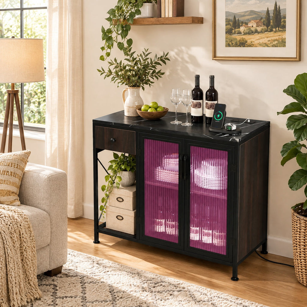 Airfind Buffet Sideboard with Doors, Power Outlets and LED Light, 110 lbs Capacity, Engineered Wood Cabinet for Dining Room, Black