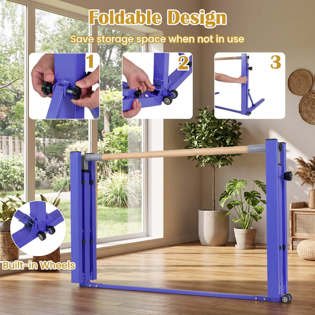 Airfind Foldable Gymnastics Bar for Kids with 3 Level Adjustable Height and Bamboo Grip Bar for Home Balance and Coordination Training, Purple