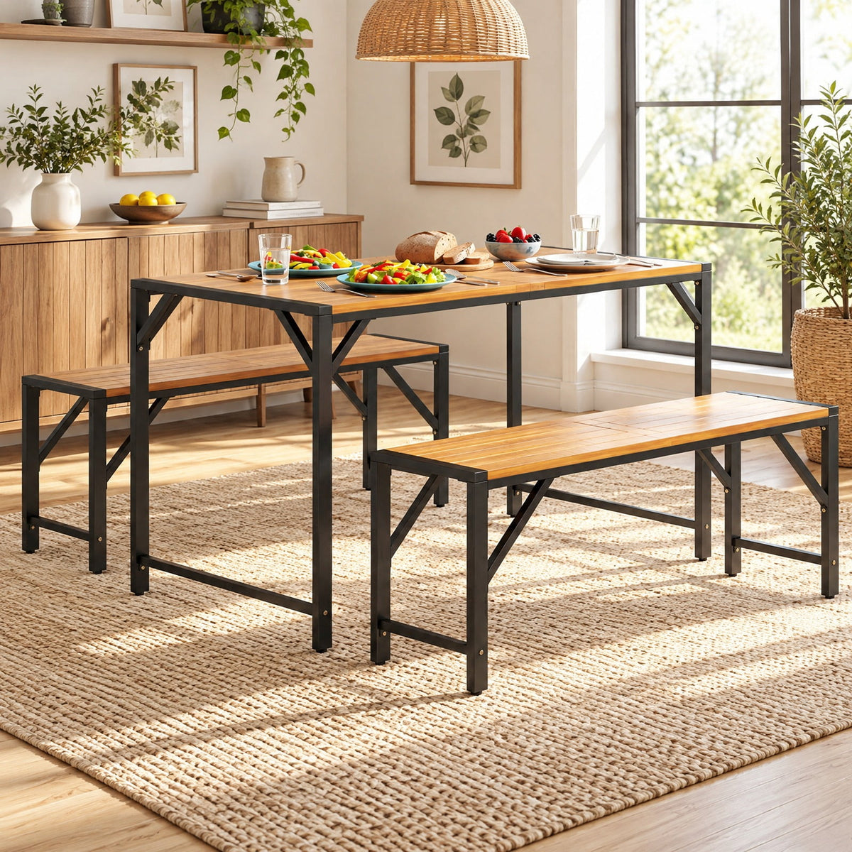 Airfind Set of 2 Acacia Wood Outdoor Bench 47.5 Inch with Slatted Seat for Backyard, of Each Bench 800 lbs Capacity, 47.5 Inch x 12.5 Inch x 18 Inch Footprint, Wood
