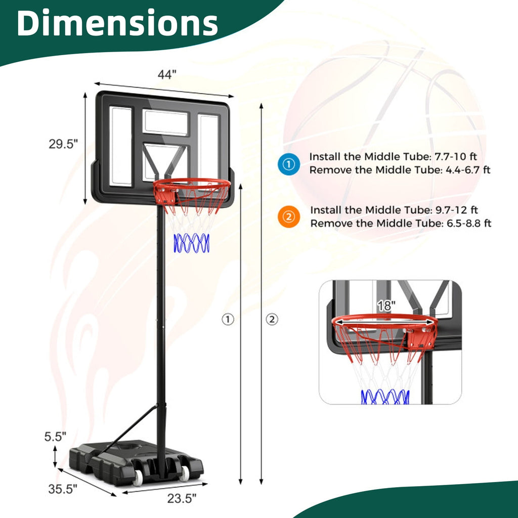 Airfind Portable Basketball Hoop Outdoor with 44 Inch Backboard, 4.4 to 10 FT Adjustable Basketball Goal System with 2 Wheels and Fillable Base, Black