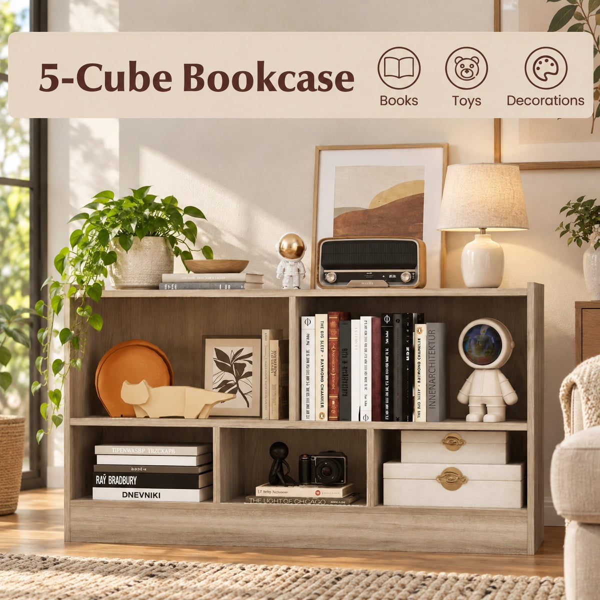 Airfind Kids 5-Cube Bookcase and Toy Storage Organizer, 2-Tier Low Shelf, 44 Inches Wide, for Playroom and Bedroom, Natural