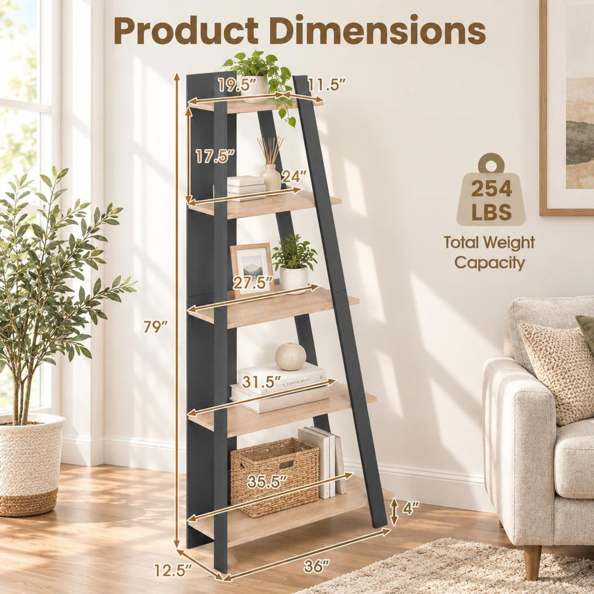 Airfind 5-Tier Modern Bookshelf Narrow Vertical Display Shelf for Small Space, Shelf 51 lbs Total Capacity, Engineered Wood Frame, Gray
