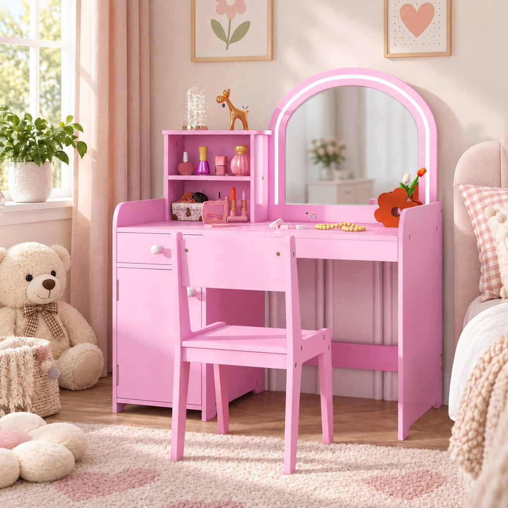 Airfind Kids Vanity Table and Chair Set with Shelves Drawer and Cabinet, P2 MDF Acrylic Frame, for Over 3 Years Old, 31.5 Inch x 16 Inch x 37 Inch Footprint