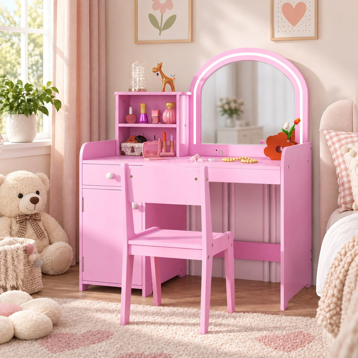 Airfind Kids Vanity Table and Chair Set with Shelves Drawer and Cabinet, P2 MDF Acrylic Frame, for Over 3 Years Old, 31.5 Inch x 16 Inch x 37 Inch Footprint