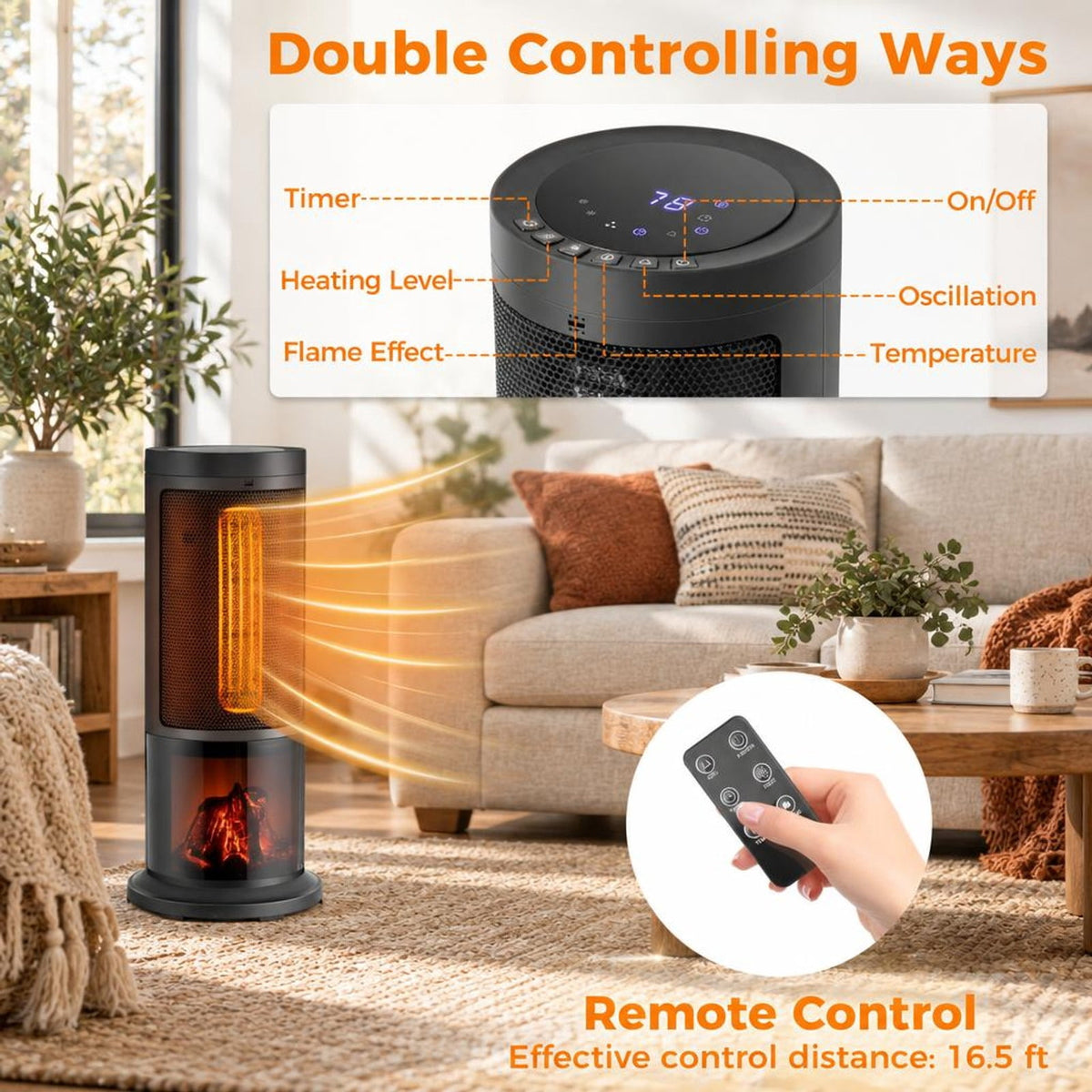 Airfind 17 Inch 1500W Portable Tower Space Heater with 135° Oscillation, PP Frame, 7.5in x 17in Cord Length 71in Footprint, Black