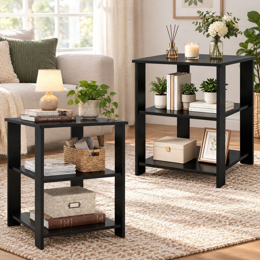 Airfind 3-Tier Modern Nightstand Square Side Table with Open Storage Shelves Set of 2, 66 lbs Capacity, Engineered Wood Frame, Black