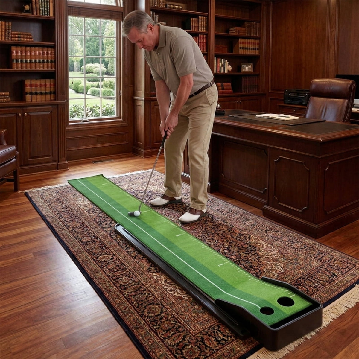 Airfind 9.4 ft Putting Green Mat with Side Auto-Return Track, 2 Hole Sizes and 3 Balls, Green