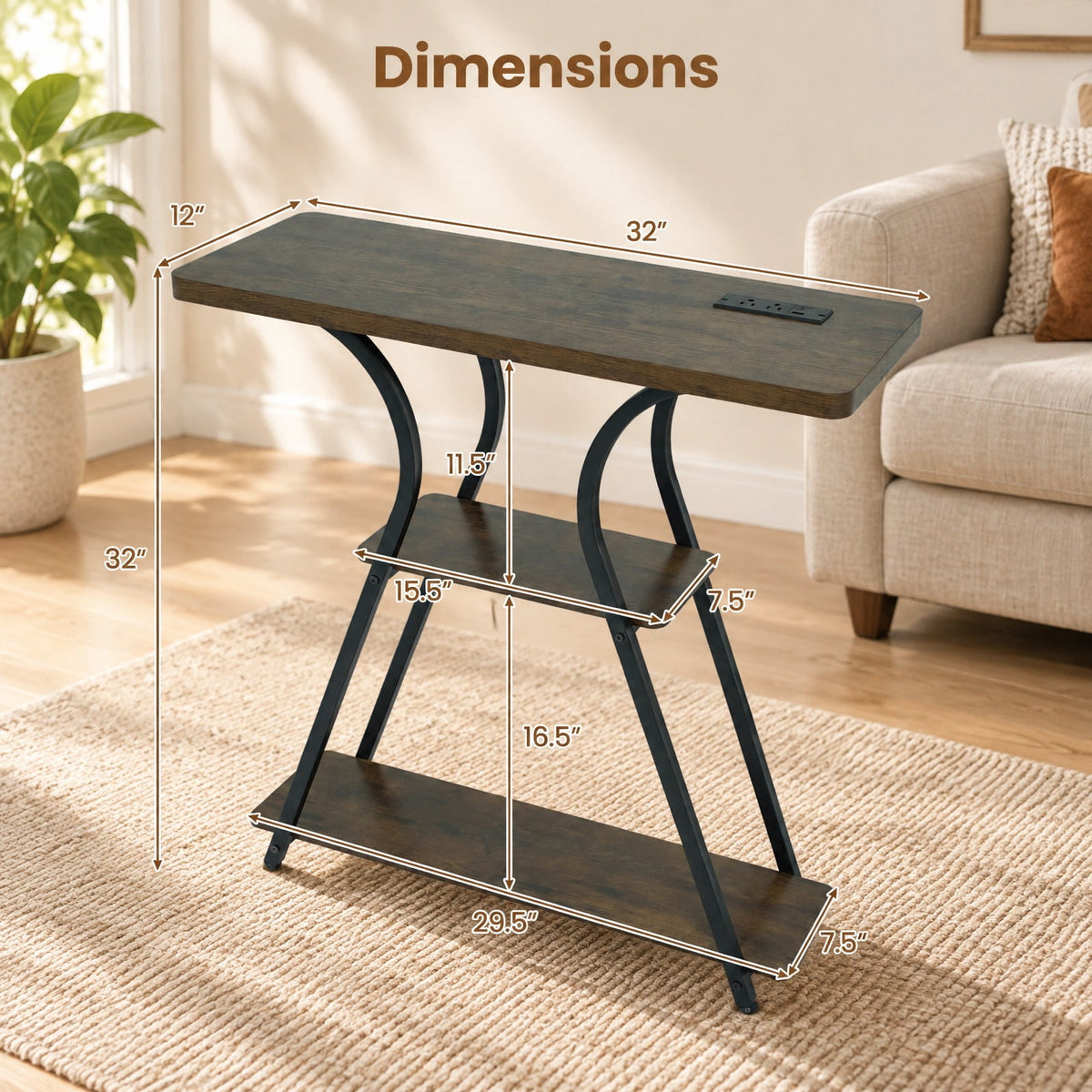 Airfind 32 Inch Narrow Long Entryway Table with Power Outlets and LED Lights, 88 lbs Capacity, Engineered Wood Metal Frame, Brown