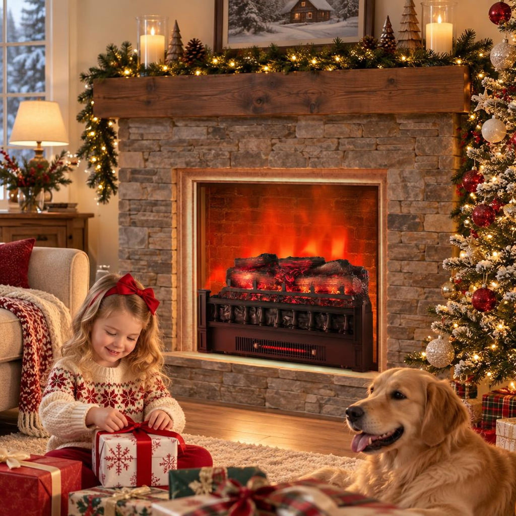 Airfind 20 Inch Electric Fireplace Heater with Realistic Pinewood Ember Bed, Black, Easy to operate with functional control panel