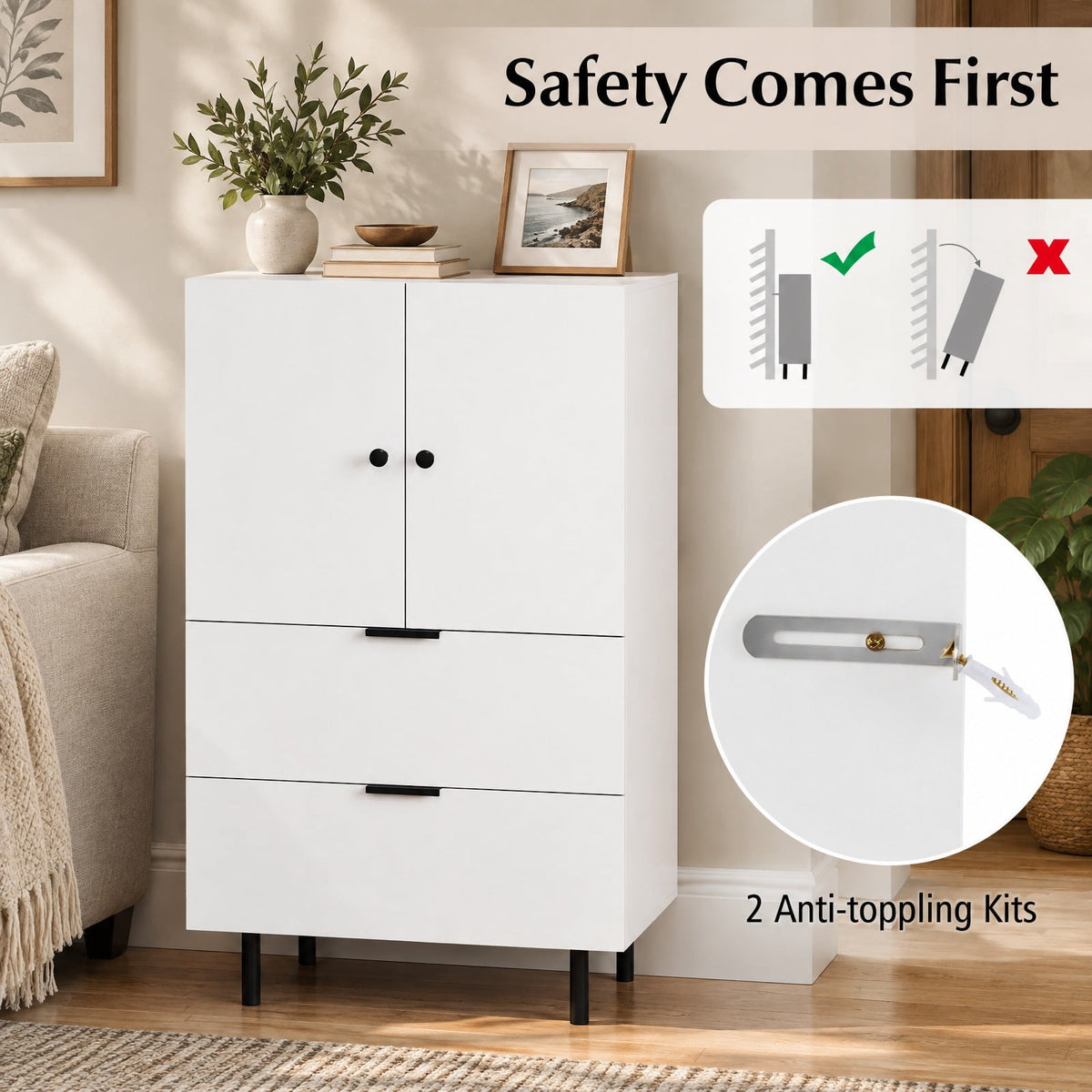 Airfind Sideboard Buffet Cabinet 2-Door Serving Cupboard with Drawers, 155 lbs Capacity, Engineered Wood MDF Metal Frame, White