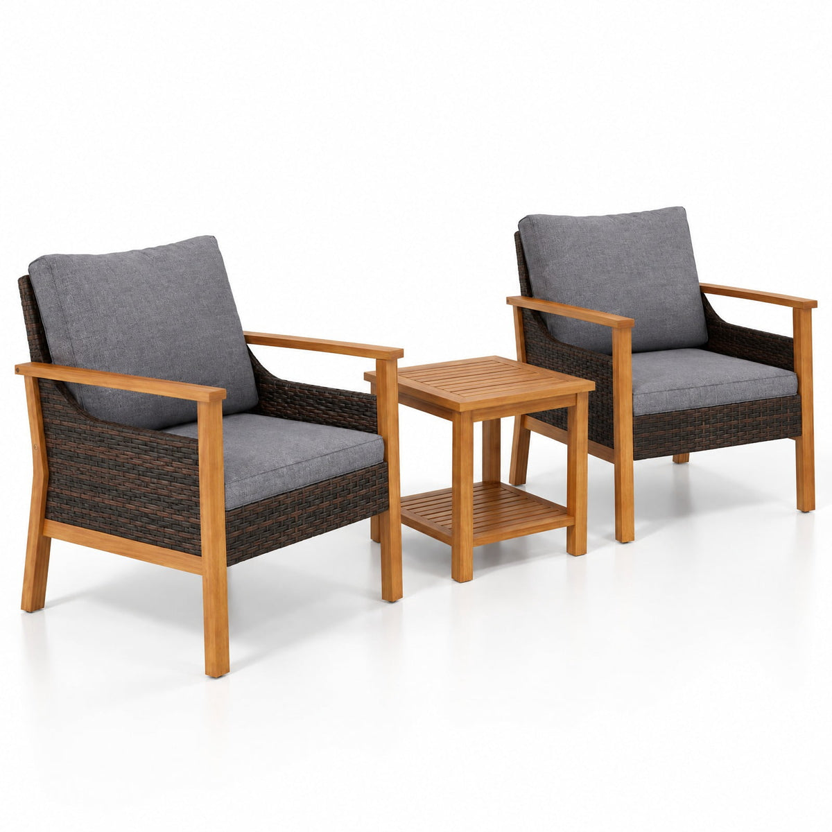 AIRFIND 3 Piece Patio Furniture Set with 2 Cushioned Chairs, Acacia Wood Frame and 2-Tier Side Table, Mix Brown PE Rattan and Gray Cushions